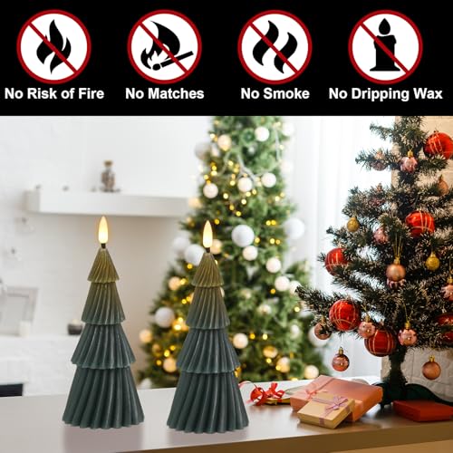 Image of Eldnacele Stripe Christmas Tree Flameless Candle with 6 Hour Timer, Battery Operated(Included) 3D Wick Flickering Real Wax Green LED Candles Xmas Eve Dinner Holiday Decor (2Pcs,3 inchx7.1 inch)