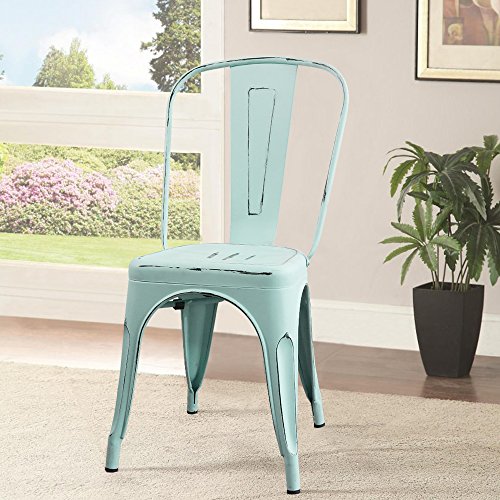 Devoko Metal Indoor-Outdoor Chairs Distressed Style Kitchen Dining Chairs Stackable Side Chairs With Back Set Of 4 (Blue) #TOP3