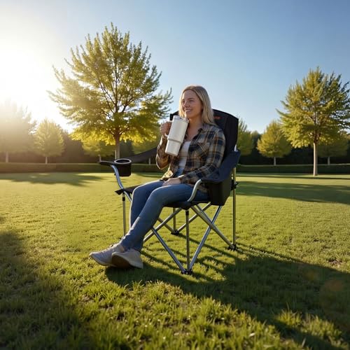 Image of VEVOR Oversized Camping Folding Chair, Portable Heavy Duty Outdoor Quad Lumbar Back Padded with Side Pockets, Cup Holder and Cooler Bag for Beach, Lawn, Picnic, Fishing, Backpacking, 2 Pack