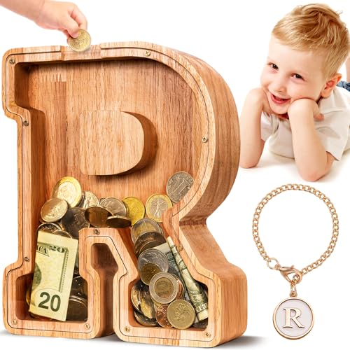 Image of SummiDate Wooden Letter Piggy Bank for Kids| Piggy Bank for Boys Girls Toddler| Alphabet R Money Bank| Personalized Initial Wood Coin Bank Birthday for Kids (R)