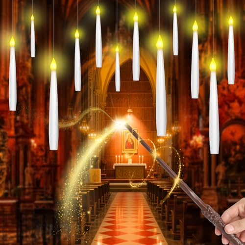 Aptliton Floating Candles with Wand Remote Flickering Warm Light with 6H Timer Battery Flameless Hanging LED Taper Magic Candles for Christmas Halloween Home Party Decorations (12pcs)