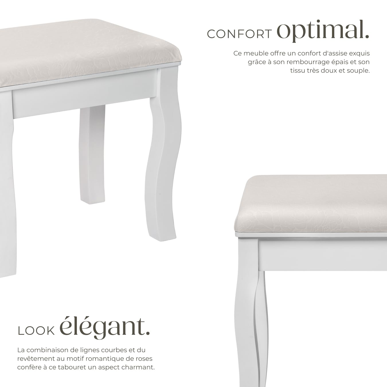tectake® Tabouret Coiffeuse 40 x 30 x 51 cm, Chaise avec Coussin pour Coiffeuse Table de Maquillage Table manucure, Tabouret Piano Chaise Maquillage Pouf Banc Piano Décoration Chambre Salon, Blanc
