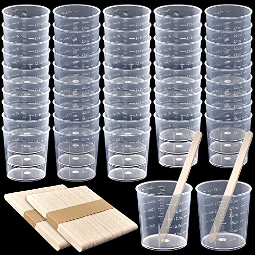 Coopay 100 Pack 30ml/1oz Plastic Graduated Cups Transparent Scale Cups Clear Epoxy Mixing Cups with 100 Pack Wooden Stirring Sticks for Resin, Epoxy, Stain, Mixing Paint