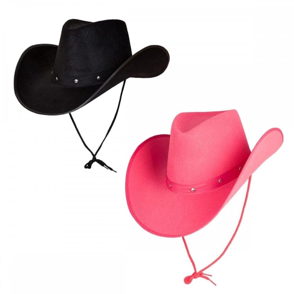 Titch & Timbo Adult Texan Cowboy Hat 2 Pack (Multiple Options) : Fancy Dress Party Accessory Country Western Rancher Wild West Music Festival (Classic Texan, Black,Hot Pink)