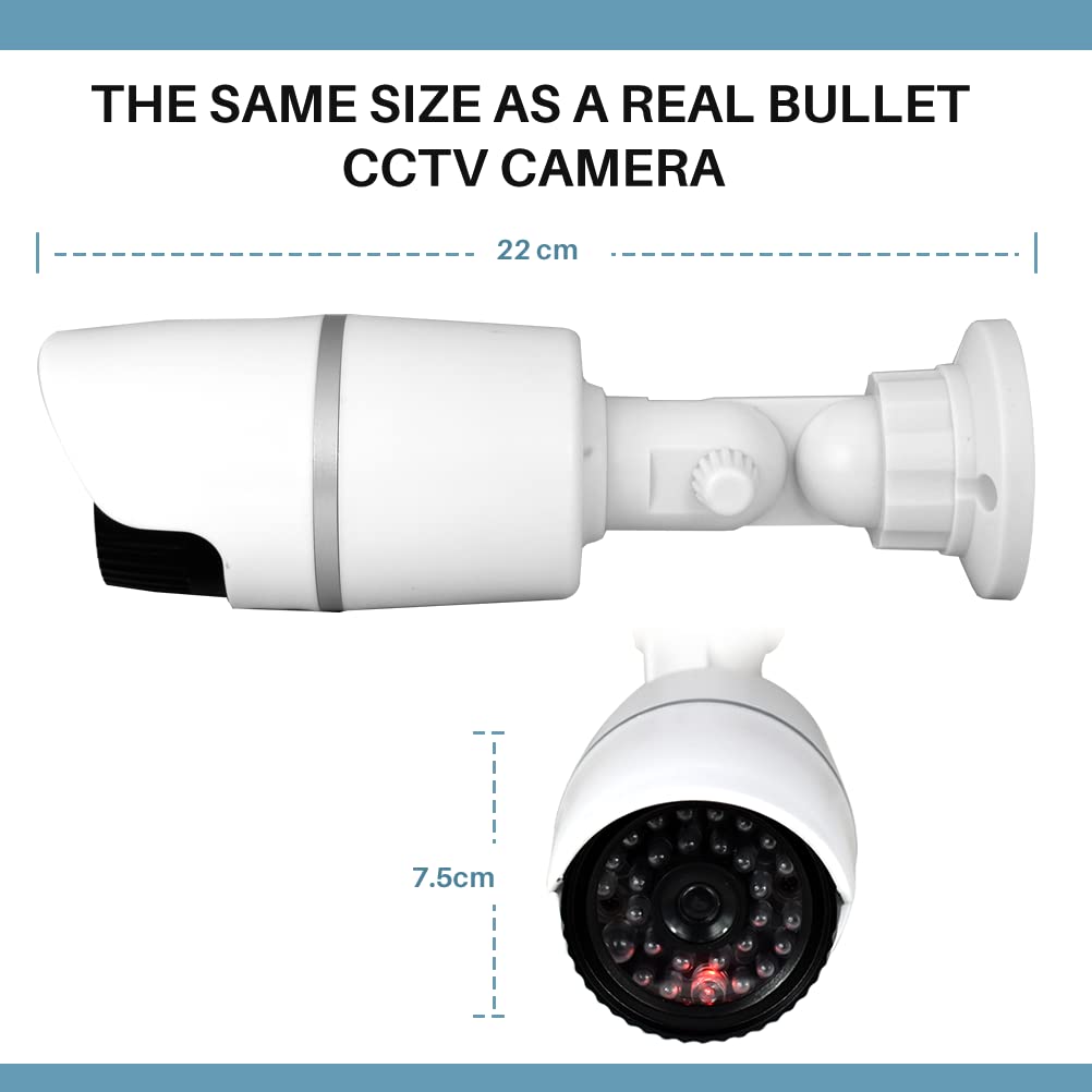 JUSTOP Cámaras CCTV falsas, 2 cámaras de seguridad falsas con LED intermitente, impermeables para uso en interiores o exteriores, carcasa profesional en blanco y negro (paquete de 2 unidades)