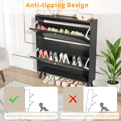 Shoe Storage Cabinet for Entryway with 2 Flip Drawers, Narrow Wood Shoe Cabinet with Fluted Panel, Freestanding Hidden Shoe Organizer for Foyer, Hallway (Black - No Shelf)