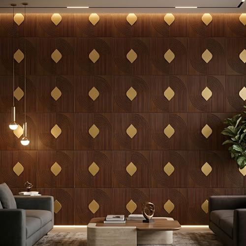 Image of Kayra Decor 3D PVC Wall Panels with Acrylic Finish for Bedroom & Living Room, Curve Line Design Blackwood, 19.7 x 19.7 Inch, Pack of 12 (32.28 Sq Ft)