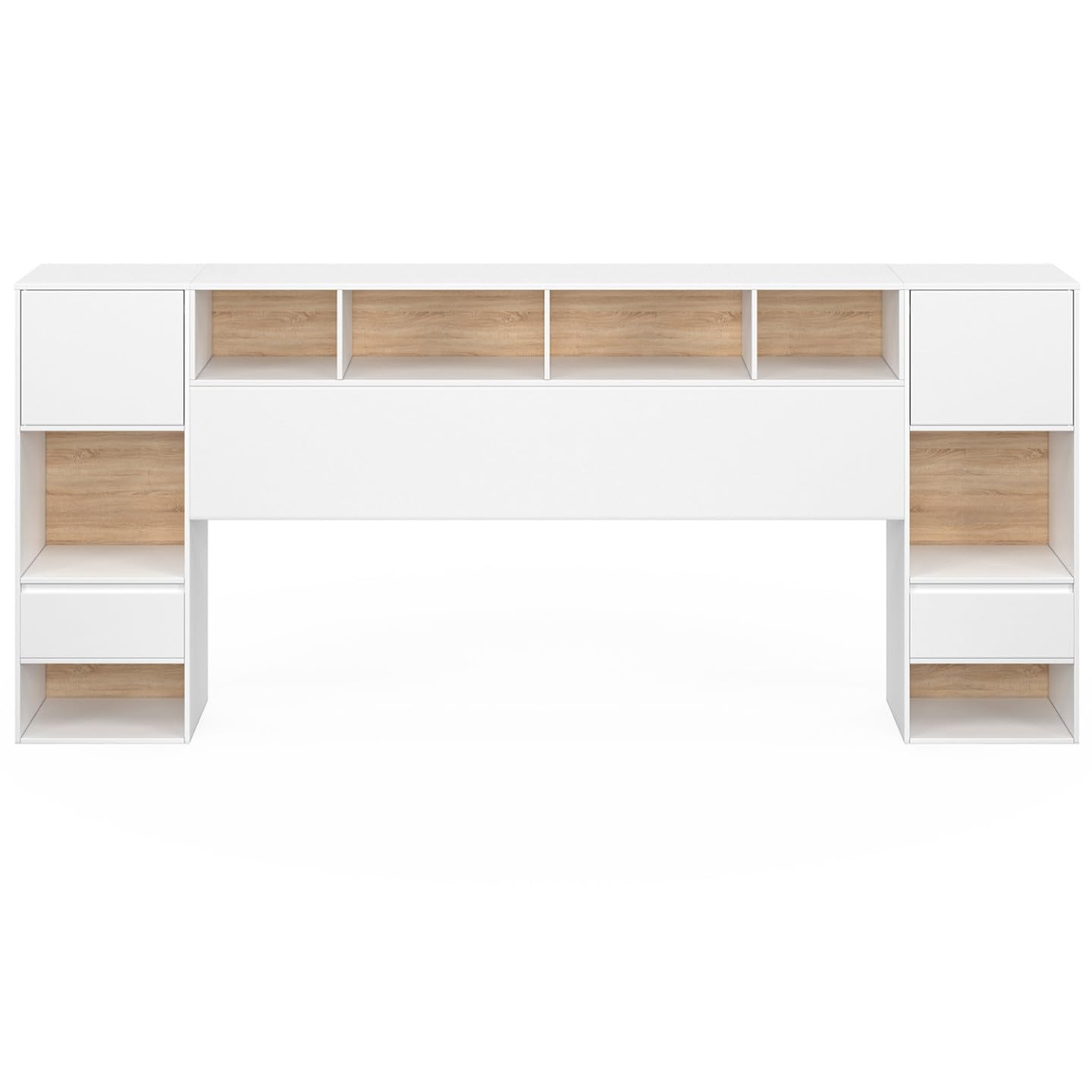 IDMarket Campha Cabecero de cama independiente de 240 cm con mesitas de noche de madera y blanco + cajones + nichos
