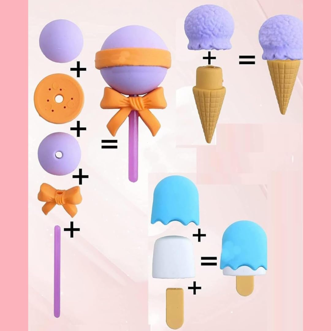 KRAVORAH Pink-Themed Stationery Gift Set – 6 Fun Items: Ice Cream Sharpener, Teddy Bear Eraser/Sharpener, Lollipop Eraser, Biscuit Sharpener – Perfect for Gifting, Kids, and Creative Desks 3