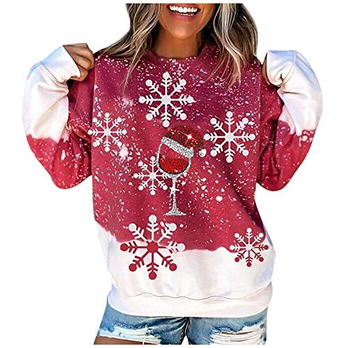 Sweatshirt for Women Snowflake Red Wine Glass Print Casual Pullover Plus Size Color Block Holiday Graphic Jumper Tops Sweatshirt for Women Snowflake Red Wine Glass Print Casual Pullover Plus Size Color Block Holiday Graphic Jumper Tops