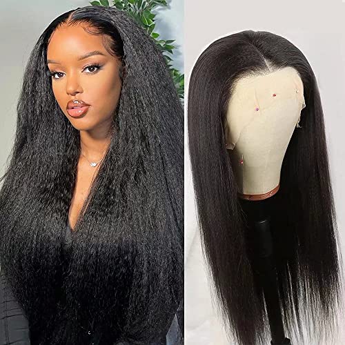 13x4 Kinky Straight Wig Human Hair 180 Density 13x4 HD Transaprent Lace Front Wigs Human Hair Glueless 13x4 Yaki Straight Human Hair Wig Pre Plucked Kinky Straight Lace Frontal Wigs with Baby Hair