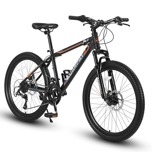 KIAPALNO 24 Inch Mountain Bike, 21 Speed Mountain Bicycle with High Carbon Steel Frame, Dual Disc Brakes and Front Suspension, MTB Bike for Boys Girls, Black-Orange