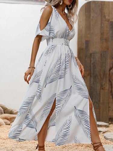 Womens 2025 Summer Casual V Neck Boho Maxi Dress Flowy Aline Floral Off Shoulder Dresses4