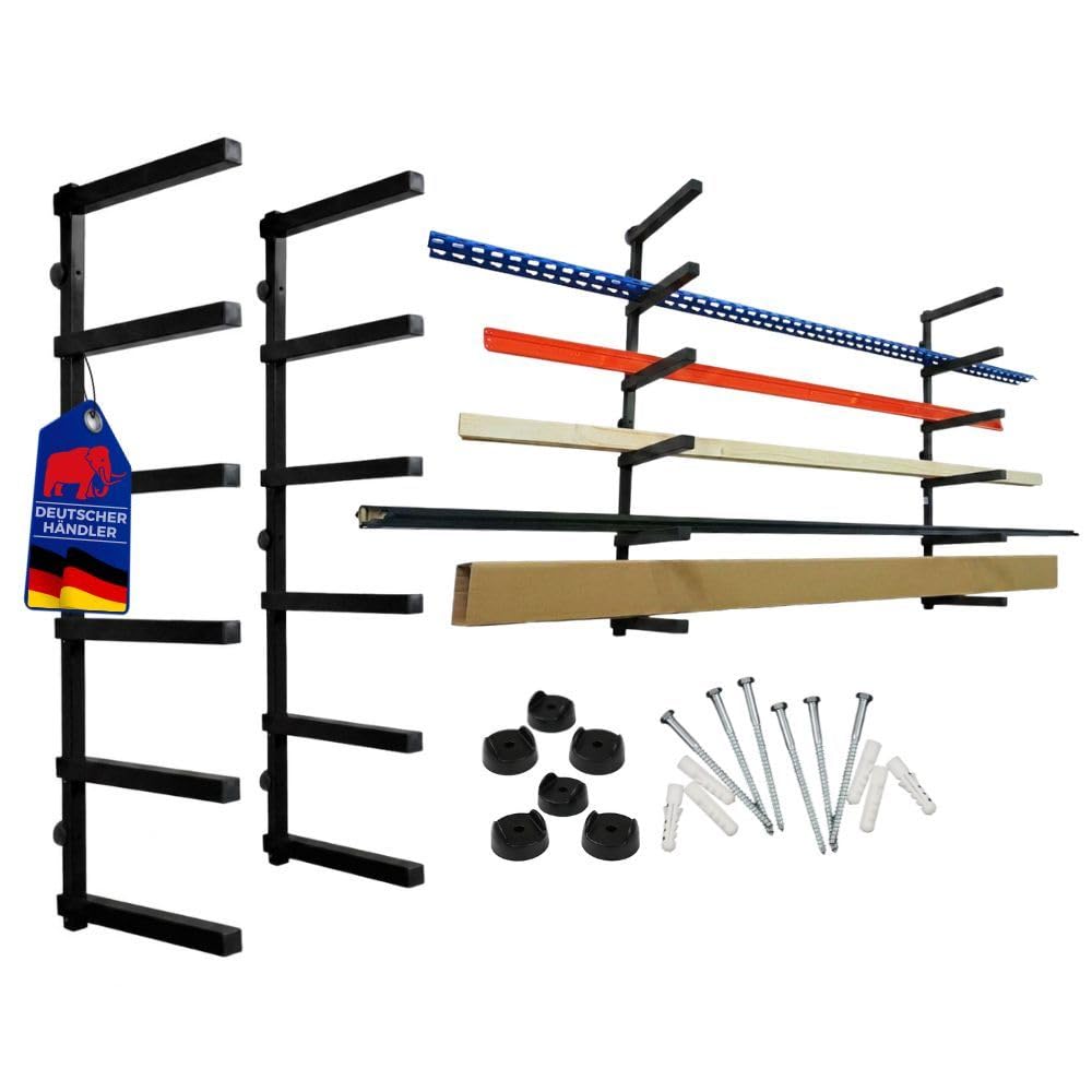 PROREGAL Kragarmregal Wandmontage schwerlast 50 kg pro Ebene für Holzlagerung mit 6 Ebenen Garage Organizer Wandregal Schwarz 2 Stück Lagerregal Wandhalterung Metallregal
