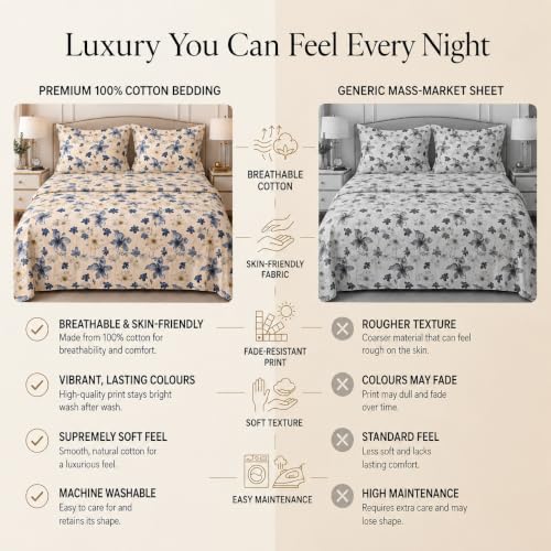 Image of BSB HOME 240 TC Cotton King Size Bedsheet, Premium Soft Breathable Floral Printed Double Bed Sheet, Bed Cover for Bedroom, Durable Bedding, 90 x 100 Inches (229 x 254 cm) - Pale Sand