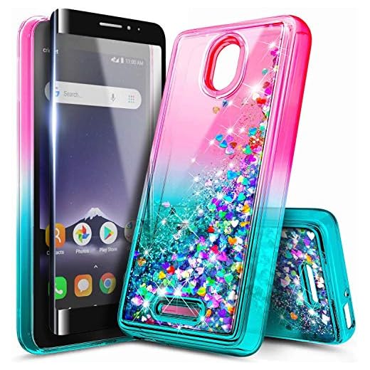 NZND Case for Alcatel TCL A1 (4G LTE, A501DL) / Alcatel Insight (5005R) with Tempered Glass Screen Protector (Full Coverage), Glitter Liquid Floating Waterfall Durable Girls Cute Case -Pink/Aqua