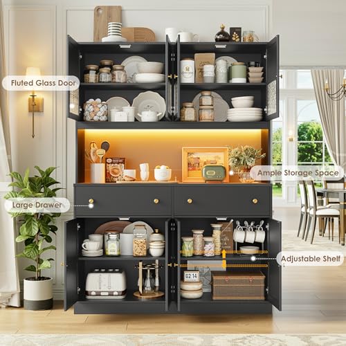 Image of FINETONES 71 inch Pantry Cabinet with LED Light and Charging Station, Farmhouse Kitchen Pantry Cabinet with Microwave Stand, 47.2 inch Wide Kitchen Hutch Food Pantry with Open Countertop, Black