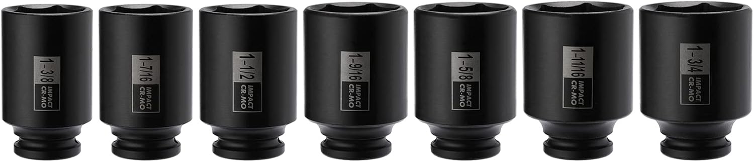 Mayouko 7PCS 1/2 Inch Drive Deep Impact Socket Set, 1-3/8" - 1-3/4", Spindle Axle Nut Sockets, SAE, Deep, 6-Point, CR-MO