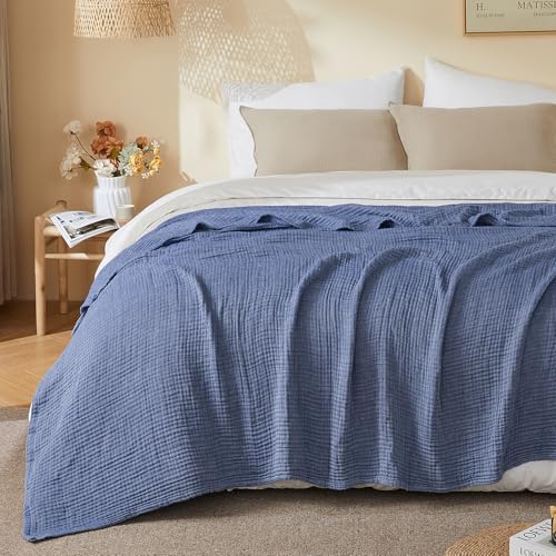 EMME Cotton Muslin Twin Blanket Breathable Gauze Soft Lightweight Adults Gifts for Women (Heather Navy, 60"x80")