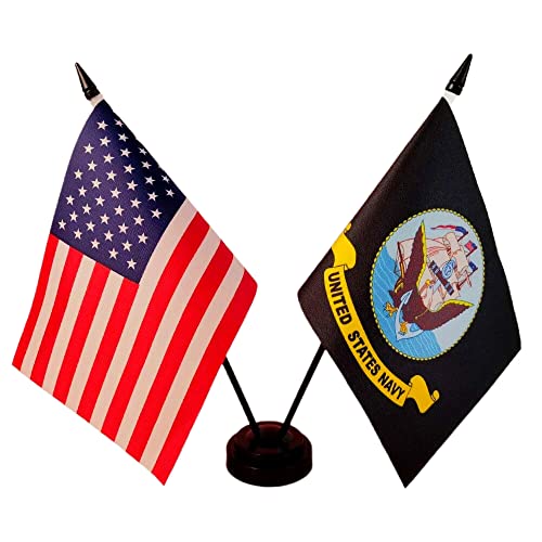 America & Navy Twin Desk Flag, U.s. Navy And American Table Flag, 8 X 5 Inches American & Navy Military Office Desk Table Flags - Miniature Usa & Navy Stick Flag With Flag Stand #TOP30