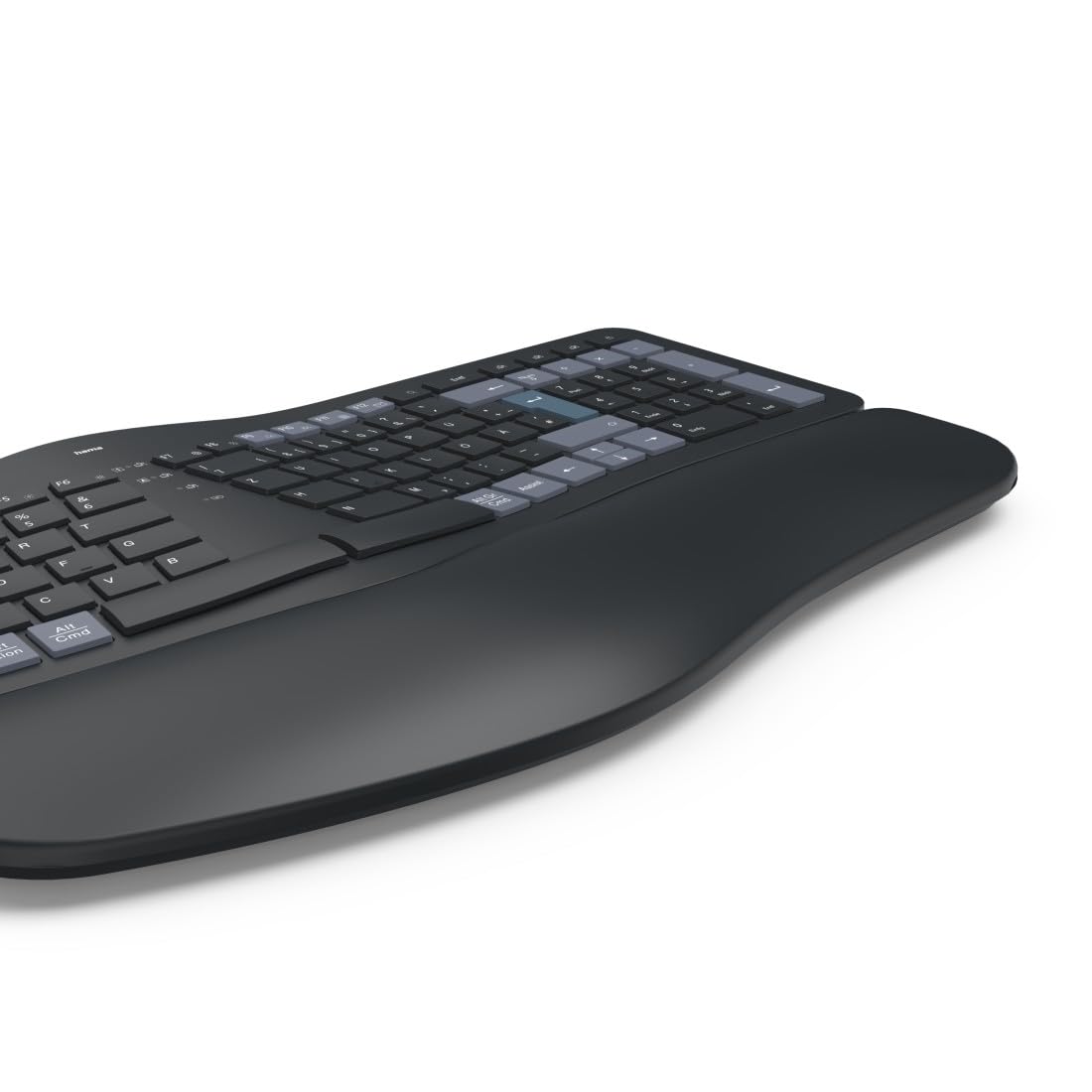 Hama ergonomische Tastatur kabellos, Multi-Device 1x Funk, 2X Bluetooth | Keyboard schwarz, geschwungene Form, geteiltes Tastenfeld, anpassbarer Tippwinkel, Handballenauflage, QWERTZ DE