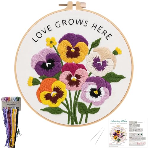 Image of Nuberlic Pansy Flower Embroidery Kit for Beginners Cross Stitch Kits- Complete Starter Set with Hoop, Pre-Printed Fabric, Threads & Needles