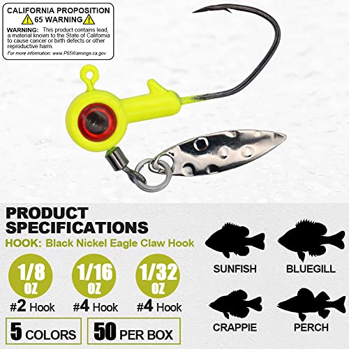 Xfishman Crappie-Jigs-Heads-Kit 1/8 1/16 1/32Oz 50 Pack Ice Fishing Jigs Lead Head Jig Hook Lure (1/8 Oz, Big Eye Jigheads-W/Spinner) #TOP1