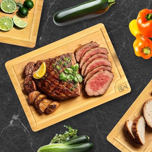 Set de 3 tablas de cortar Premium de bambú para cocina – bloques de corte rectangulares duraderos con ranuras profundas para jugos y asas integradas, perfectos para carne, verduras y charcutería miniatura 6