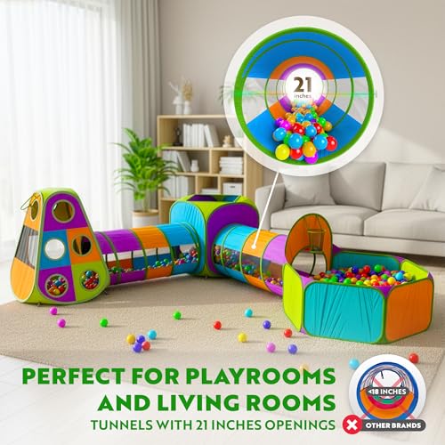 Image of Playz 5-Piece Kids Pop up Play Tent Crawl Tunnel and Ball Pit with Basketball Hoop Playhouse for Boys, Girls, Babies, and Toddlers (Purple, Orange, Yellow, Red, Blue)