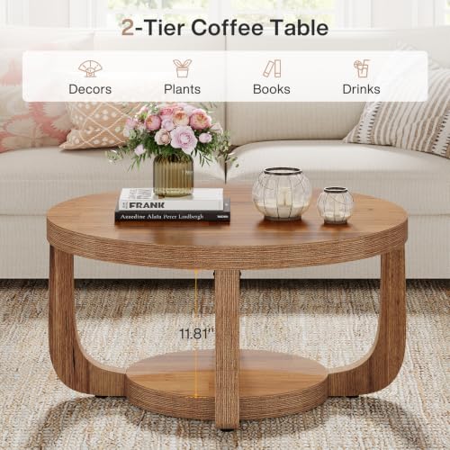 Image of Tribesigns Round Coffee Table, 2-Tier Circle Coffee Table with Storage, Modern Wooden Accent Center Table for Living Room, Thick Tabletop & Base (Rustic Brown)