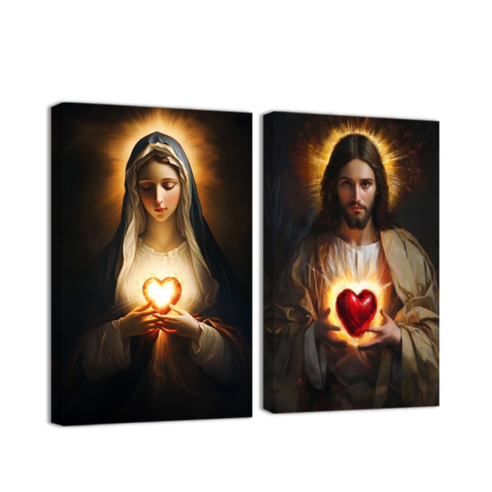 ZQQART Christian Religious Wall Art Jesus and Virgin Mary Canvas Painting Art 2 PCS Sacred Heart Jesus Picture God Mercy Poster Decor Framed(Black,11.00"x14.00"x2Pcs)