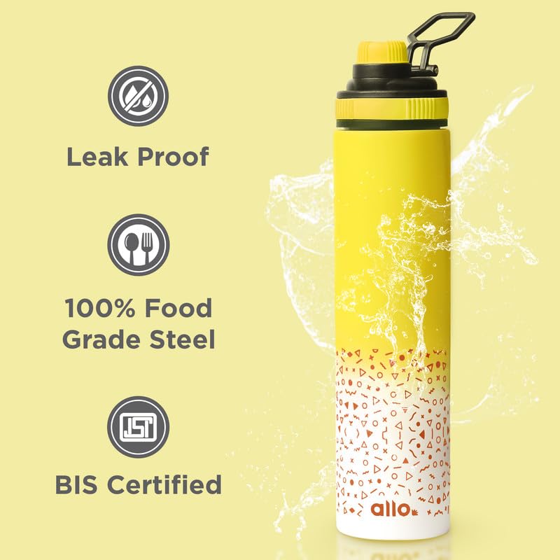 Image of Allo Stainless Steel Water Bottle For Adults, Kids 850ml Water Bottles For School, Office, Sports, Gym 850ml Water Bottle For Men And Women, Pack Of 2| Leak Proof, Bpa Free, Yellow White