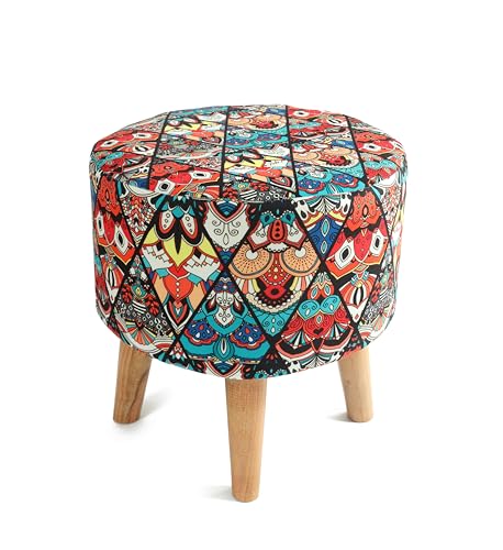 Image of NACIA Velvet Printed Ottoman Chair with Stool Combo | Dressing Table Chair for Bedroom Makeup Room Decor | Modern Upholstered Ottoman with Wooden Legs for Home (18x18x32 Inches, Multicross)