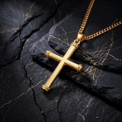 Image of Midari Gold Cross Necklace for Men 18K Gold Cross Pendant Minimalist Faith Necklace Christian Pendant Religious Gift