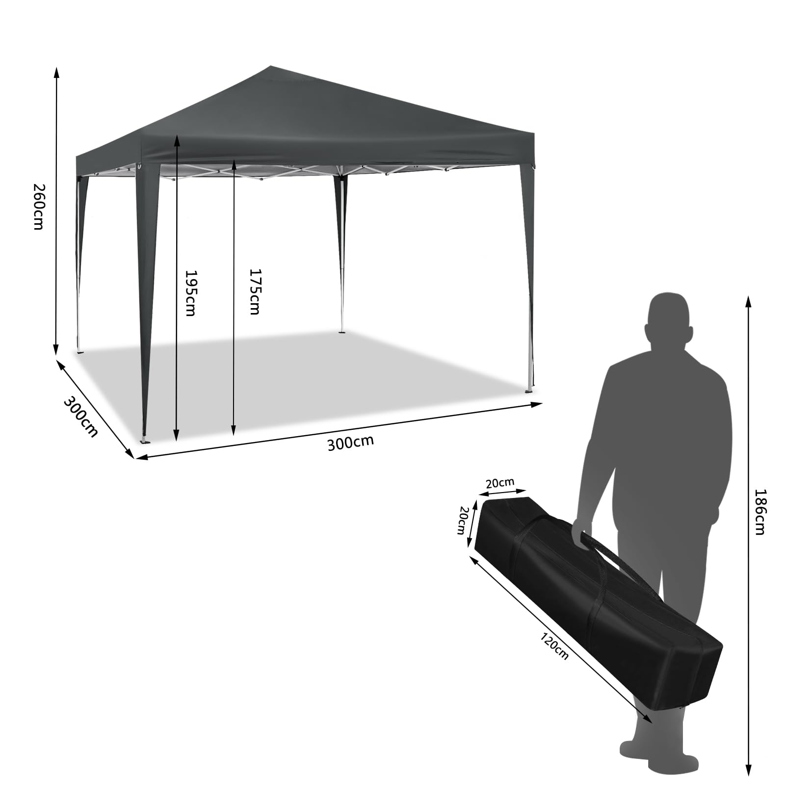 WOLTU Gazebo 3x3m Pop up Tendone Pieghevole con sacchi di sabbia | UPF 50+ UV, impermeabile, altezza regolabile, stabile, con borsa trasporto, Giardino