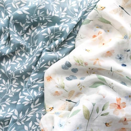Image of LifeTree Baby Swaddle Blankets, Boys Girls Muslin Swaddling Wrap Receiving Blanket for Newborn, 70% Viscose from Bamboo and 30% Cotton, Large 47 inch x 47 inch, Blue Floral and Leaf