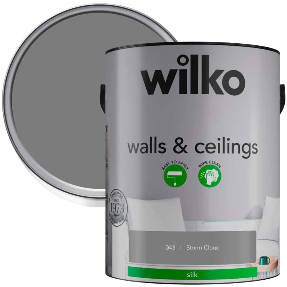 wilko Silk Paint 5L, Storm Cloud, Walls & Ceiling Paint, Grey, Silk Finish, Premium Quality, Easy Application, For Interior Use