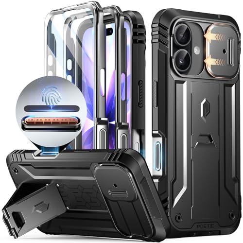 Image of Poetic for iPhone 17 Case with Camera Control Capture Button, [Slide Camera Cover] [Built-in Stand] [Built-in Screen Protector] Full-Body Military Grade Rugged Phone Case for iPhone 17, Black