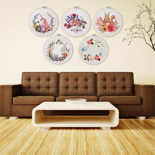 Image of GOGLAM Embroidery Kit for Beginners, 5 Set Embroidery Starter Kit Flowers for Adults, DIY Punch Needle Kit with Flower Wreath Animal Pattern, Hoop, Needle, Hand Embroidery Kit
