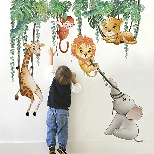 Image of Runtoo Safari Animals Wall Decals Palm Leaves Giraffe Lion Elephant Wall Art Stickers for Kids Bedroom Nursery Home Decor