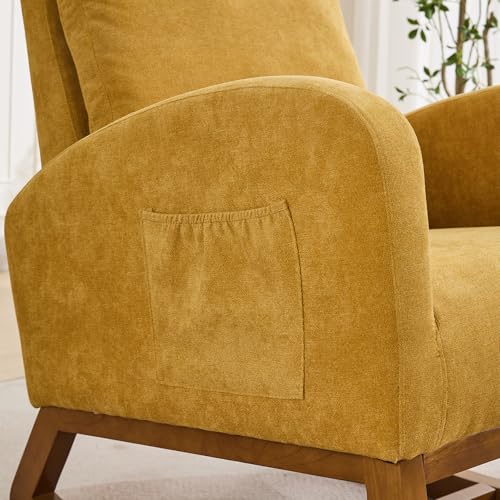 Image of Rocking Chair Nursery, Glider Rocking Accent Chair with Wood Legs, High Back Pocket Modern Upholstered Nursery Chair, Comfy Accent Rocker Armchair for Living Room Bedroom, Mustard Yellow