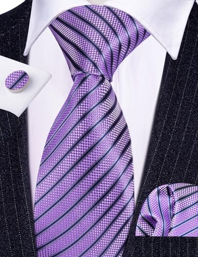 Image of Barry.Wang Tie Sets for Men Silk Stripe Necktie Woven Checkered Handkerchief Cufflinks Formal Business Wedding