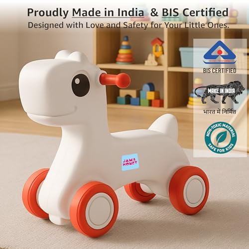 Image of Amazon Brand - Jam & Honey Baby Pony Push On Ride On for Kids | Backrest | Easy Grip | Four Wheel | Durable and Safe | Non-Toxic | Portable | Lightweight | Animal Theme | 1-4 Years Old | Red & Grey