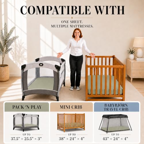 Image of Organic Travel Crib Fitted Sheets Compatible with 4moms Breeze Plus Playard,Baby Bjorn Travel Crib, Graco, Mini Crib 1 Pack Pure Turkish Cotton 38x26 Playard Bedding, Cover Boy, Girl