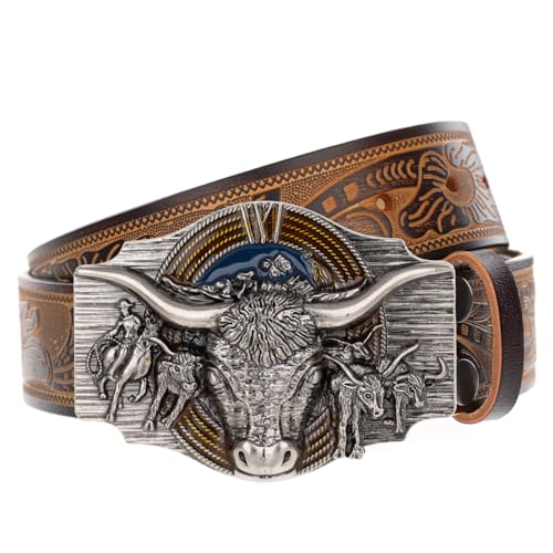 Evbopa Mens Western Cowboy Belt Mens Engraved Buckle Leather Belts for Jeans
