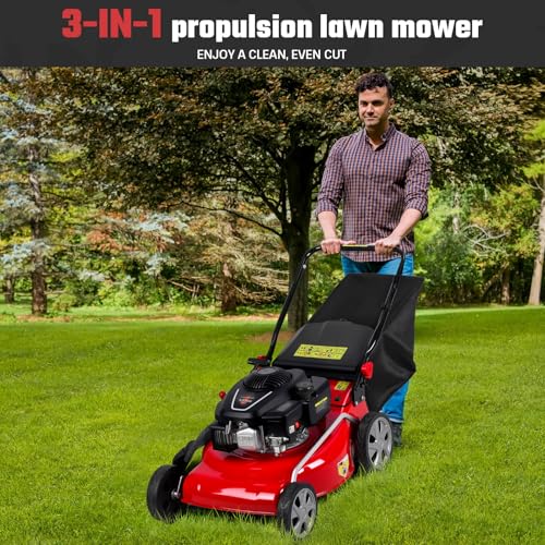 Image of 131cc Self Propelled Lawn Mower, 3-in-1 Gas Powered Push Mower with 50L Grass Bag, 20-inch Cutting Deck, Big Wheels for Yard Lawn Care, Mulching, Bagging & Side Discharge