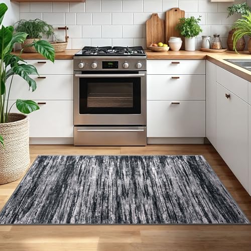 3x5 Black Navy Blue White Modern Abstract Rug for Farmhouse, Super Soft Washable Rug with Non-Slip, Low-Pile Indoor Door Area Rug for Living Room Bedroom, Carpet with Non-Shedding