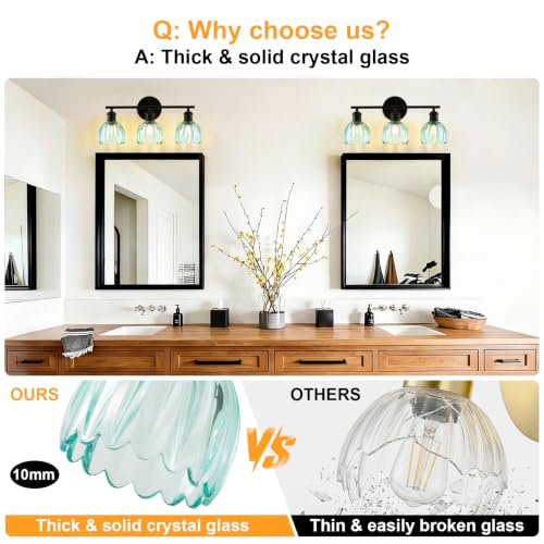 Image of Bathroom Light Fixtures, 3-Light Brushed Black Vanity Lights for Bathroom with Blue Tulip Glass Shade, 20 inch Vintage Bathroom Vanity Lighting Fixtures Over Mirror for Bedroom Living Room Hallway