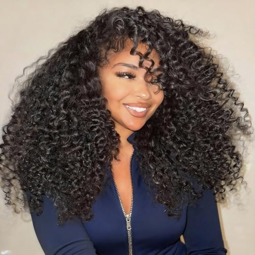 Half Wig Human Hair 3 In 1 Kinky Curly Half Wig Human Hair Pelucas Mujer Pelo Natural Wear and Go Glueless Headband Wigs with Drawstring Seamless Flip 180% Density Natural Black 22 pulgadas