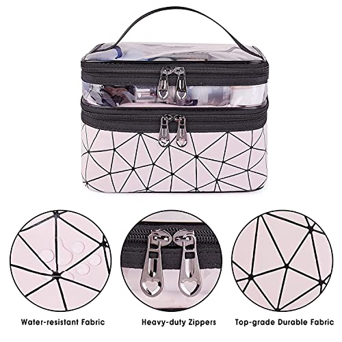 FLYNGO Double Layer Cosmetic Bag Organizer Makeup Pouch for Women Travel Cosmetics Case Toiletry Bags for Girls (Pink Diamond) - Image 3